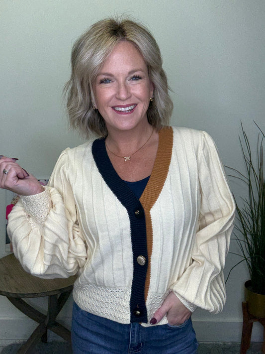 THML cardigan button front bow brass covered cream ivory navy rust brown ribbed details knit sweater top fall