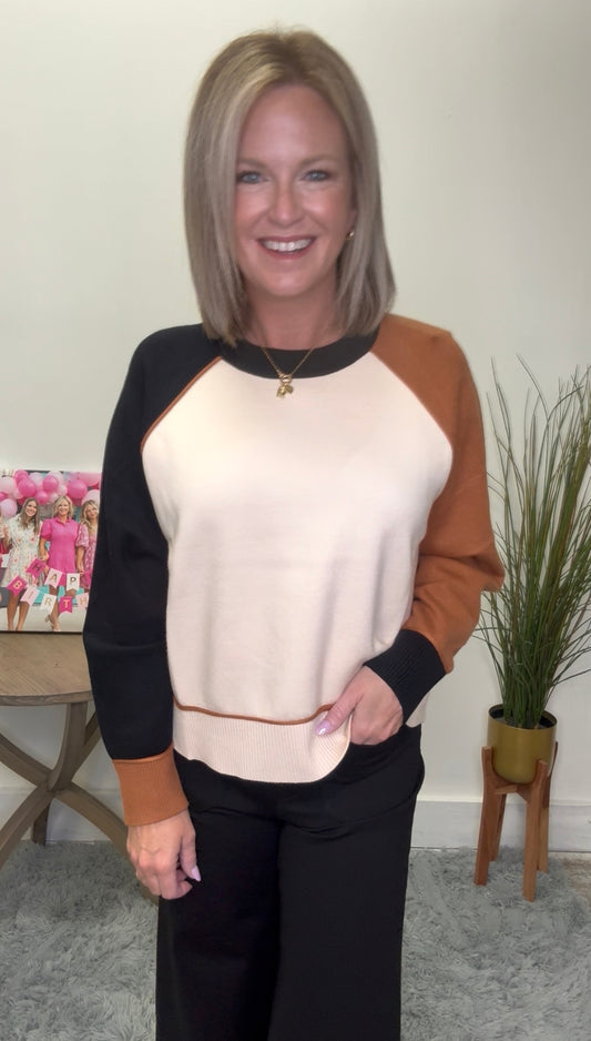 THML fall Colorblock Sweater boutique rust black cream piping soft pullover knit top