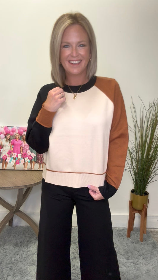 THML fall Colorblock Sweater boutique rust black cream piping soft pullover knit top