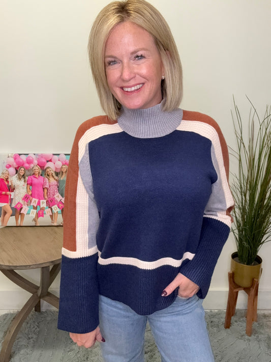 THML fall autumn sweater mock neck long sleeve navy cream rust boutique Roanoke Indiana 