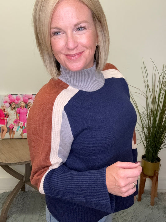 THML fall autumn sweater mock neck long sleeve navy cream rust boutique Roanoke Indiana 
