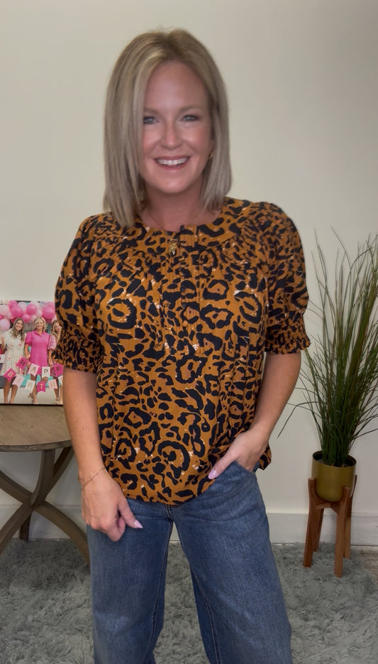 THML rust navy leopard print animal top button front short sleeves dress shirt work business casual top