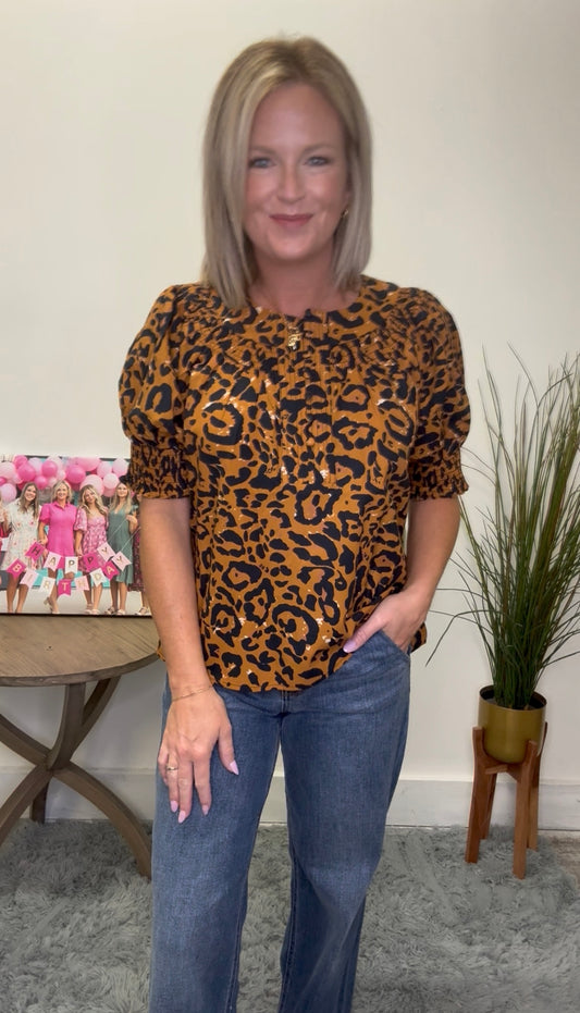 THML rust navy leopard print animal top button front short sleeves dress shirt work business casual top