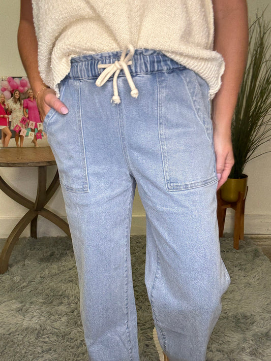 The Plan High Rise Slim Wide Elastic Waistband Jeans tie waist Risen Brand