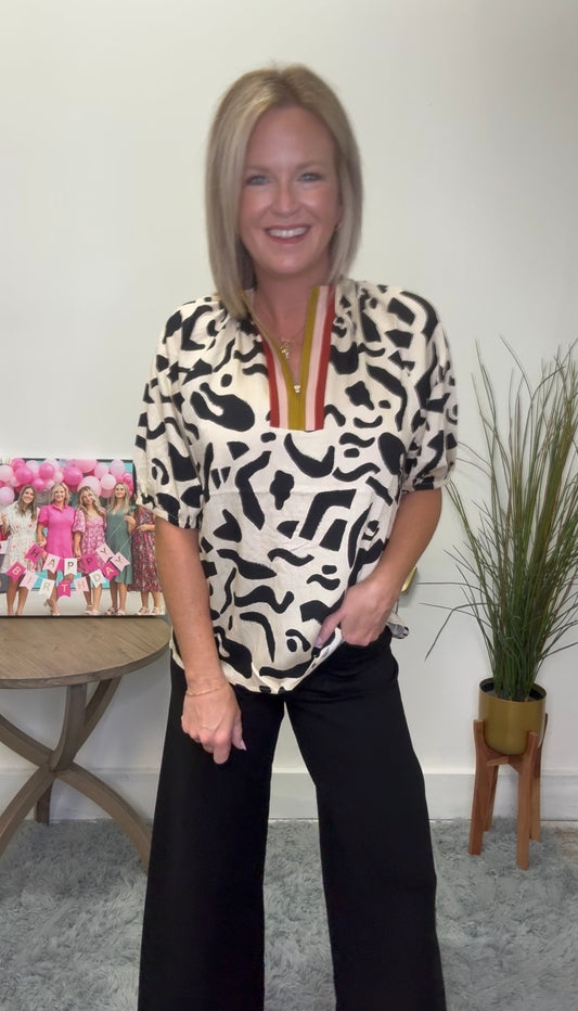 animal print cream black zipper 1/4 color block stripes short sleeves THML boutique fall top blouse