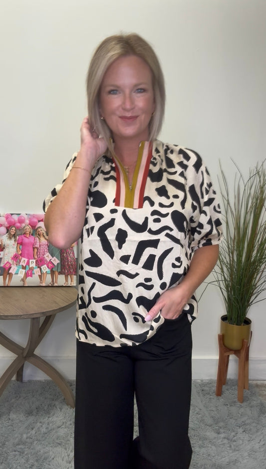animal print cream black zipper 1/4 color block stripes short sleeves THML boutique fall top blouse