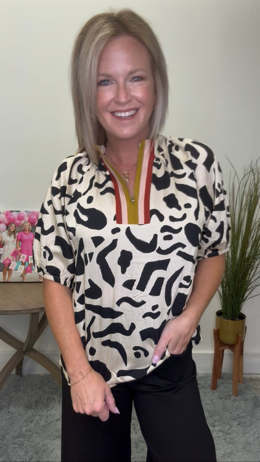animal print cream black zipper 1/4 color block stripes short sleeves THML boutique fall top blouse