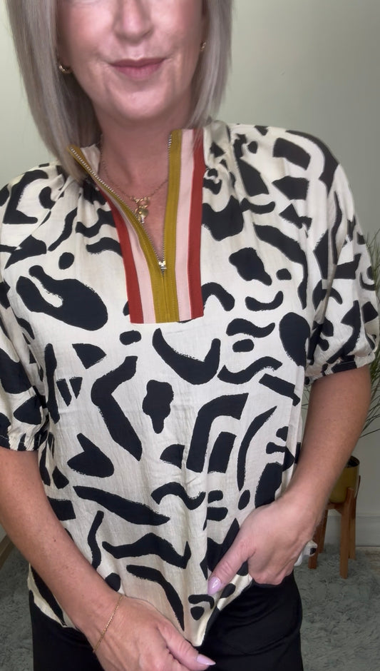 animal print cream black zipper 1/4 color block stripes short sleeves THML boutique fall top blouse