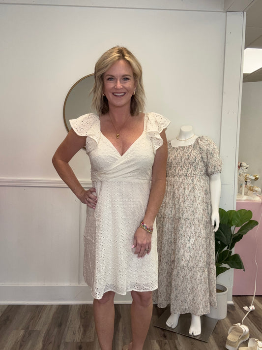 wrap front eyelet fabric ruffle sleeve ivory dress mystree
