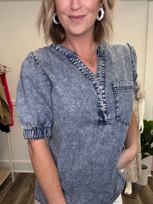 bibi denim washed v-neck puff sleeve top shirt