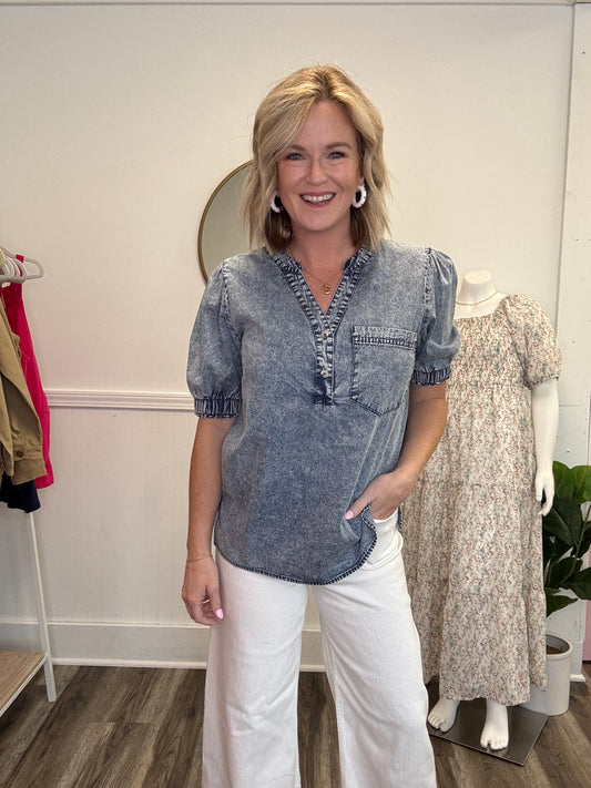 All Day Washed Denim Elastic Sleeves Top
