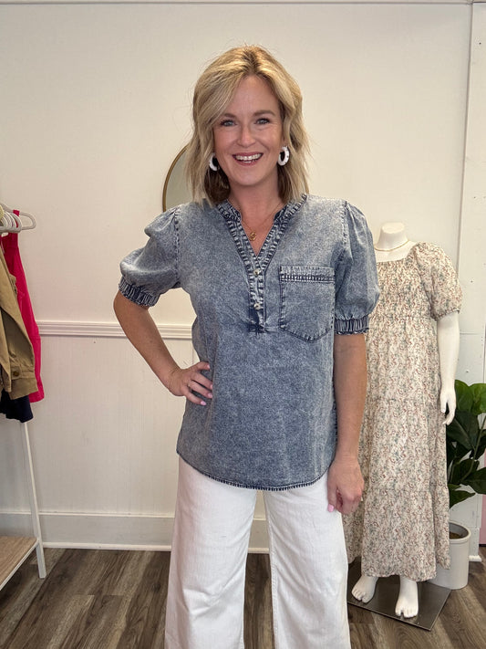 bibi denim washed v-neck puff sleeve top shirt