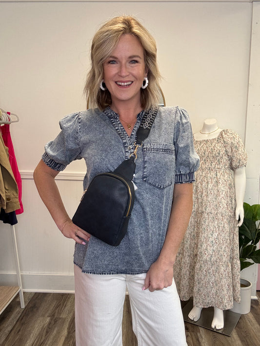 bibi denim washed v-neck puff sleeve top shirt