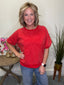 Big Red Bow Puff Short Sleeve Sweatshirt Top Main Strip holiday Christmas - Ella Chic Boutique