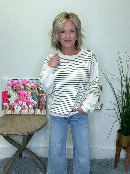 blu pepper joa boutique sweatshirt pullover top black white stripe comfy casual fall winter roanoke in shop