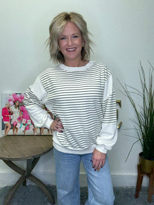 blu pepper joa boutique sweatshirt pullover top black white stripe comfy casual fall winter roanoke in shop