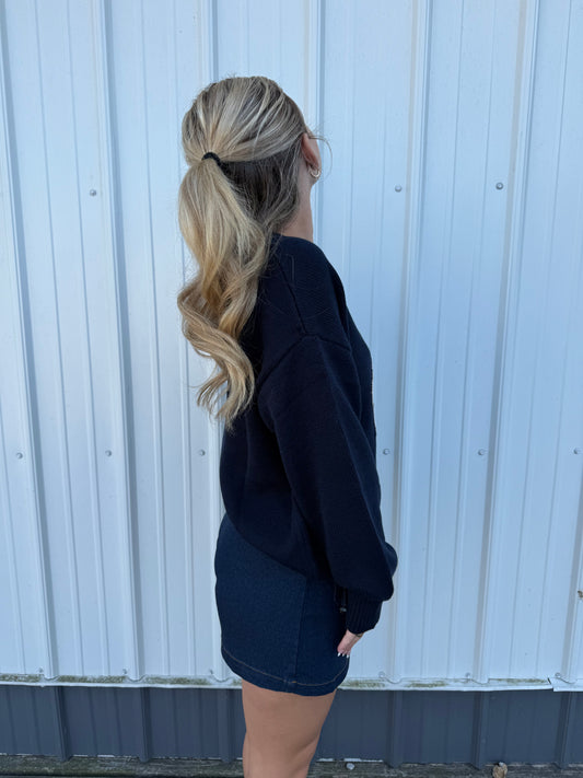 blu pepper navy bear sweater trendy lightweight knit teddy bow Roanoke Indiana Ella chic boutique