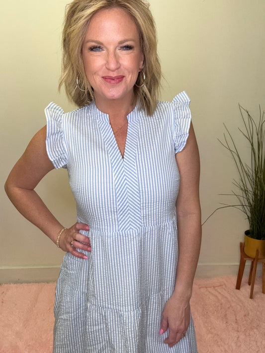 Blue and White Kari Seersucker Midi Dress
