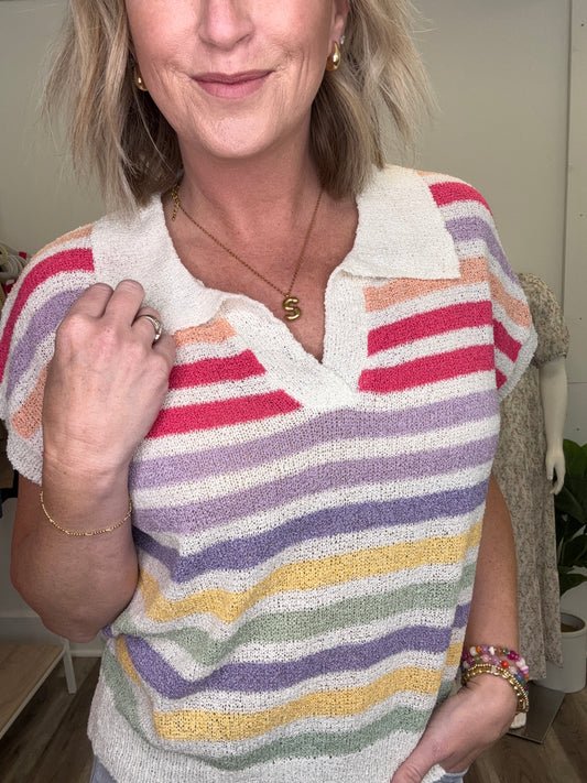 Bibi rainbow striped knit sweater top collar short sleeve
