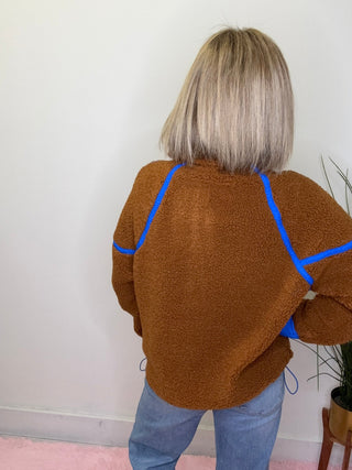 Break it Fleece Pullover Sweatshirt in Camel/Bright Blue 110 Tops- Ella Chic BoutiqueLovLov