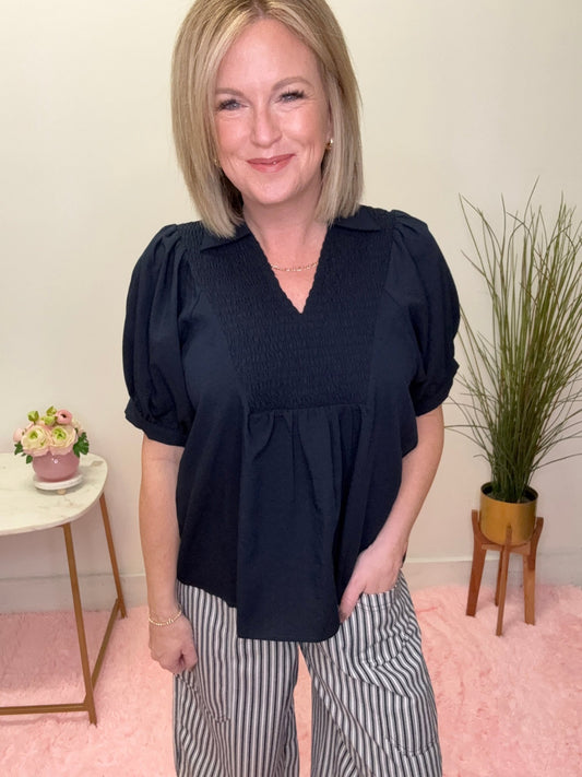 Bring it Back to Me Navy Smocked Top Ella Chic Boutique Entro spring sale clearance 