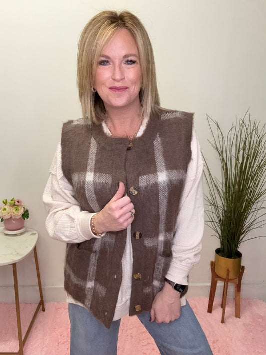 Button Down Plaid Fuzzy Knit Sweater Vest
