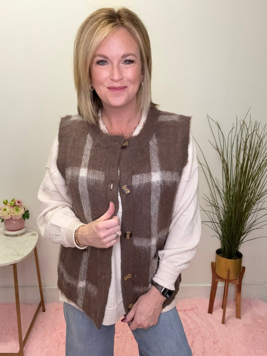 Button Down Plaid Fuzzy Knit Sweater Vest