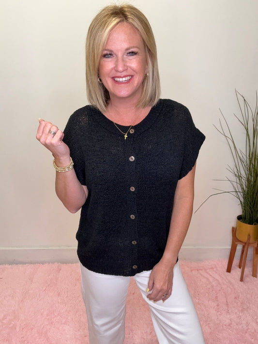 Button Down Solid Knit Summer Sweater Top in Black