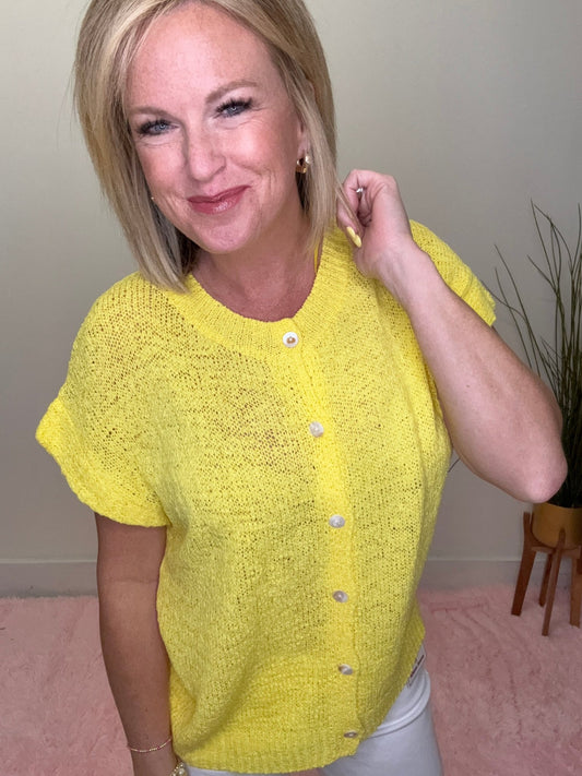Button Down Solid Knit Summer Sweater Top in Yellow
