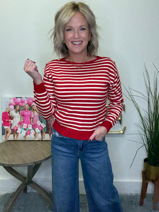 Buttoned Shoulder Stripes Sweater Top in Red 110 Tops - Ella Chic Boutique