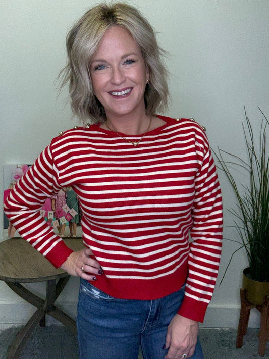Buttoned Shoulder Stripes Sweater Top in Red 110 Tops - Ella Chic Boutique