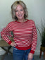 Gold Buttoned Shoulder Stripes cropped Sweater Top in Red white holiday Christmas Tops - Ella Chic Boutique
