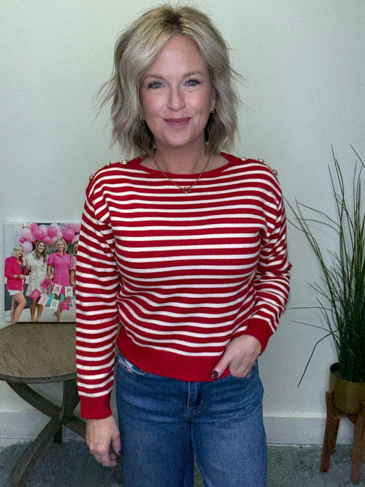 Buttoned Shoulder Stripes Sweater Top in Red 110 Tops - Ella Chic Boutique