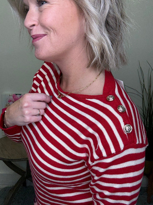 Buttoned Shoulder Stripes Sweater Top in Red 110 Tops - Ella Chic Boutique