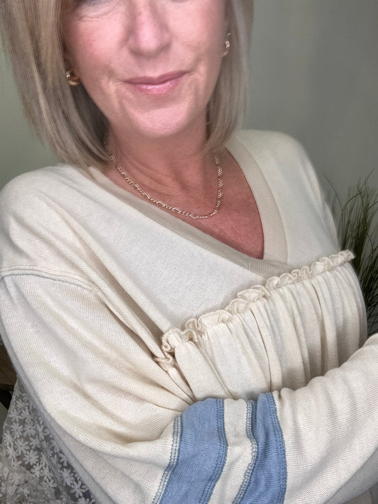 by together babydoll tiered lace v-neck cream ivory top blue stripes varsity flow boutique free shipping