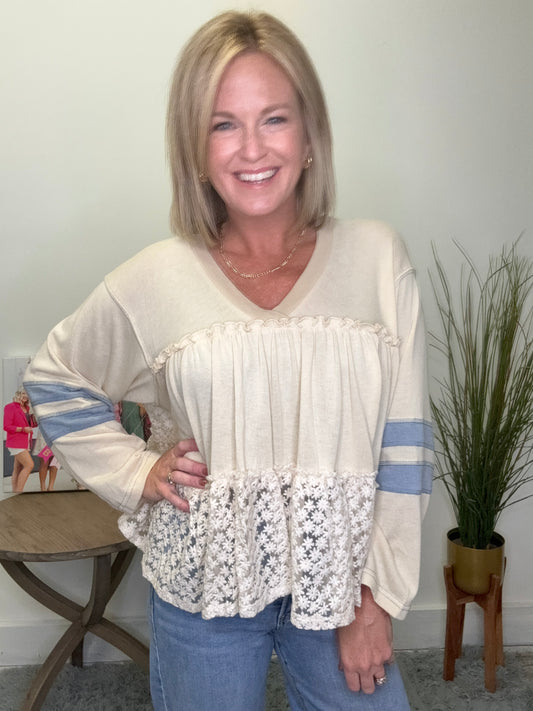 by together babydoll tiered lace v-neck cream ivory top blue stripes varsity flow boutique free shipping