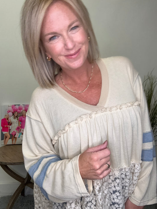 Hopeful V-Neck Long Sleeve Ruffle Contrast Top
