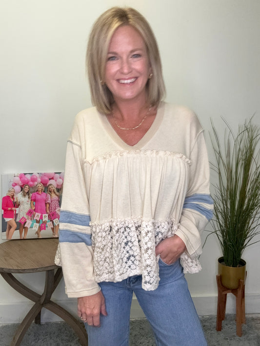 Hopeful V-Neck Long Sleeve Ruffle Contrast Top