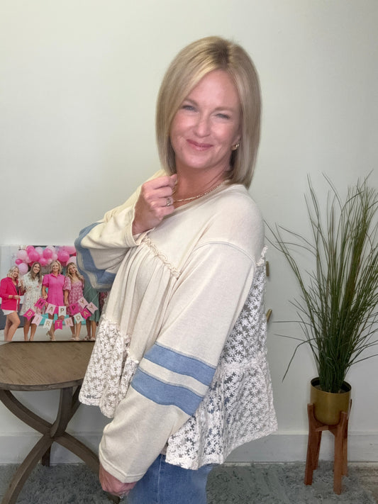 by together babydoll tiered lace v-neck cream ivory top blue stripes varsity flow boutique free shipping