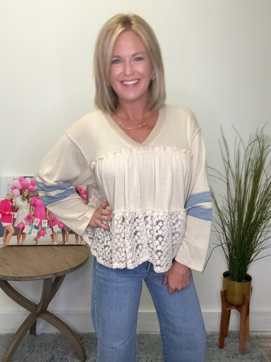 by together babydoll tiered lace v-neck cream ivory top blue stripes varsity flow boutique free shipping