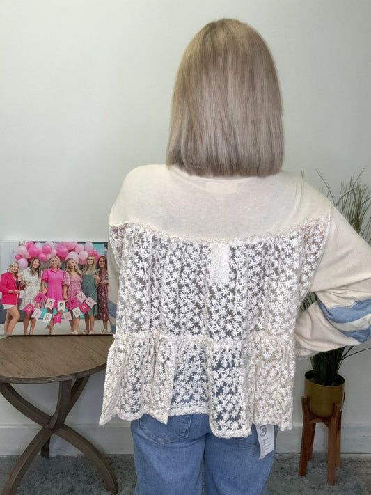 by together babydoll tiered lace v-neck cream ivory top blue stripes varsity flow boutique free shipping