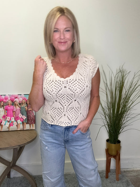 Knit Sweater Cotton Crochet V-Neck Top