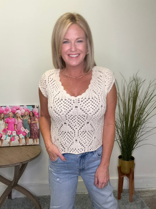 Knit Sweater Cotton Crochet V-Neck Top