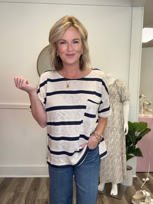 taupe navy striped oversized shirt top short sleeve by together