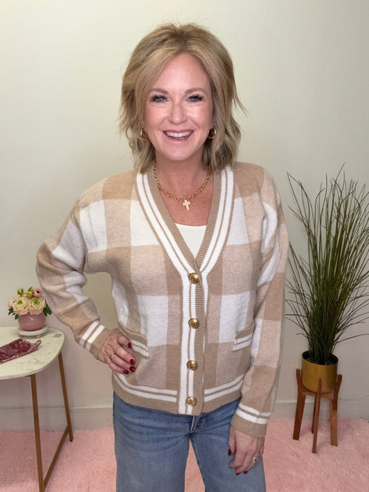 Checkered Plaid Gold Button Soft Cardigan Sweater