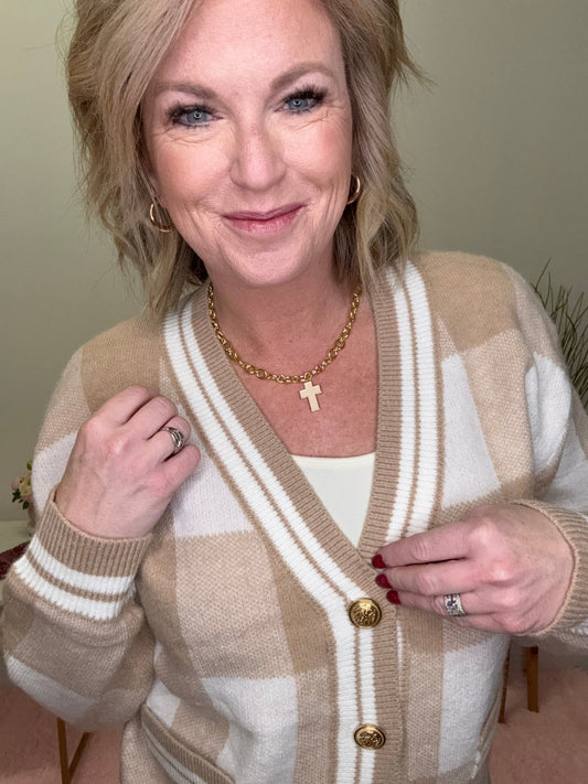 Checkered Plaid Gold Button Soft Cardigan Sweater