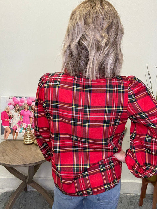 Christmas Plaid Balloon Sleeves Ruffled V - neck Top 110 Tops - Ella Chic Boutique