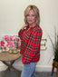 Christmas Plaid Balloon Sleeves Ruffled V - neck Top 110 Tops - Ella Chic Boutique