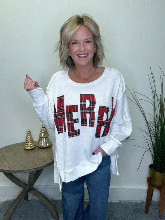 Christmas Plaid Merry Lettering Sweatshirt 110 Tops - Ella Chic Boutique