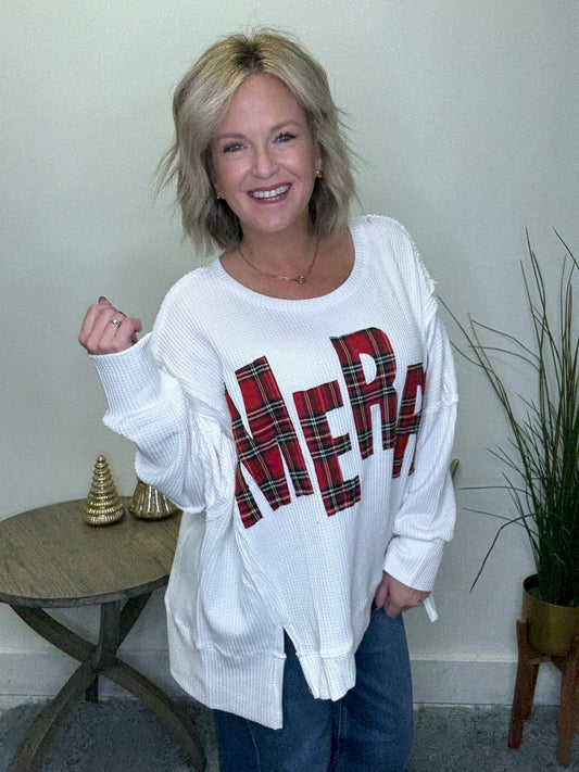 Christmas Plaid Merry Lettering Sweatshirt 110 Tops - Ella Chic Boutique